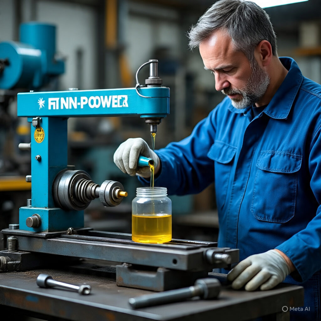 ช่างกำลังเติมน้ำมันไฮดรอลิคลงในเครื่อง FINN-POWER 